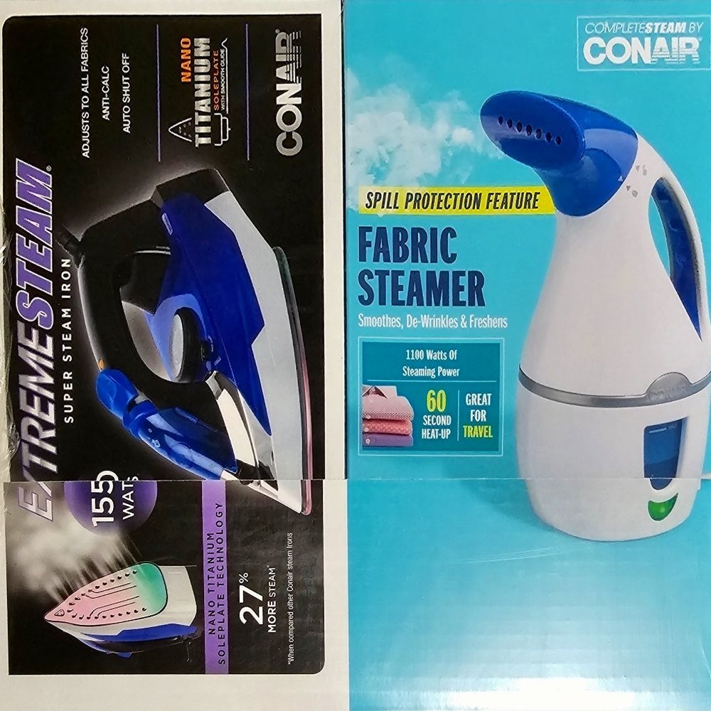 Conair 1550W Steam Iron and Handheld Steamer Bundle, White/Blue. Still sealed